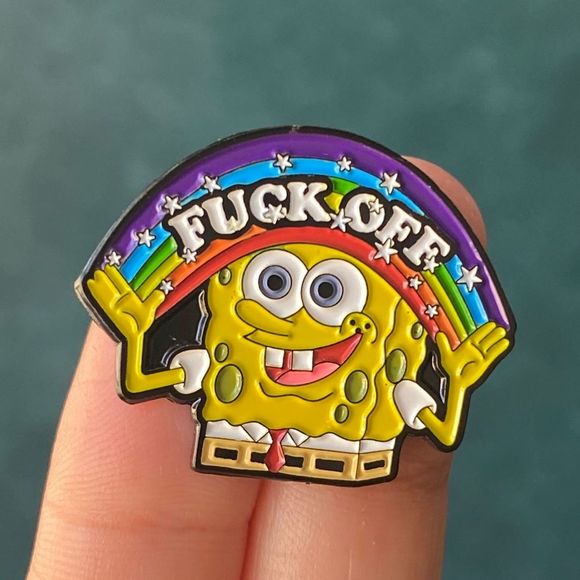 Spongebob LGBT Fuck Off Enamel Pin/ Brooch Lapel - Picture 1 of 6